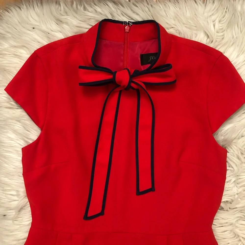 J Crew Bow Tie-neck 365 Crepe Fit & Flare Cap Sleeves Nautical Red Navy Dress 10